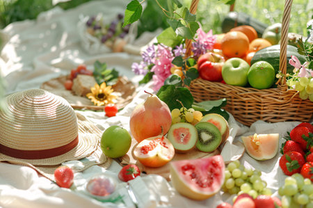 Picnic concept. Fruits and hat on green grassの素材