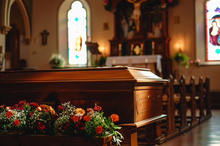 Close up of wooden coffin standing in the center of bright catholic churchの素材