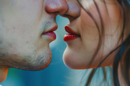 love concept, close up of young couple kissingの素材