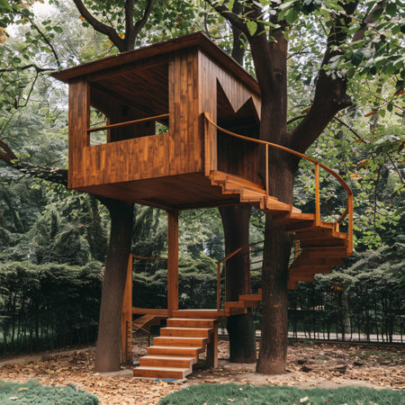 wooden tree house for kids in the gardenの素材