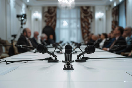 business or political conference, white table with microphones and business people sitting on the backgroundの素材