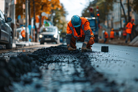 male builder working on construction of asphalt road in the cityの素材