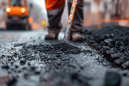 close up of builder working on construction of asphalt roadの素材