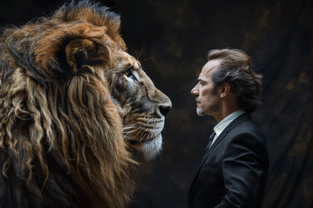Businessman facing the lion on dark backgroundの素材