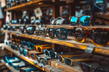 summer and vacation concept, close up of sunglasses on wooden shelves in the shopの素材