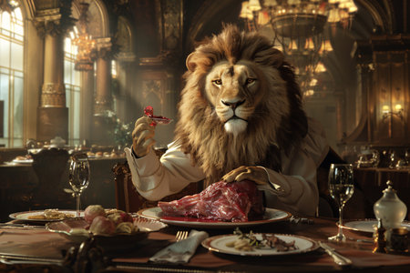 Beautiful lion in human clothes eating meat in restaurantの素材