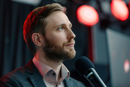 handsome man talking on the press conferenceの素材