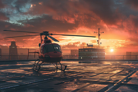 Red helicopter on the helipad on rooftop with sunset viewの素材