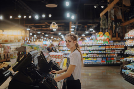 portrait of young beautiful woman cashier working in supermarketの素材