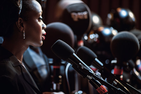 interview or press release concept, portrait of african woman talking with journalistsの素材