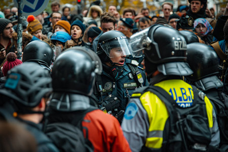 street demostration with protesters and police in helmetsの素材