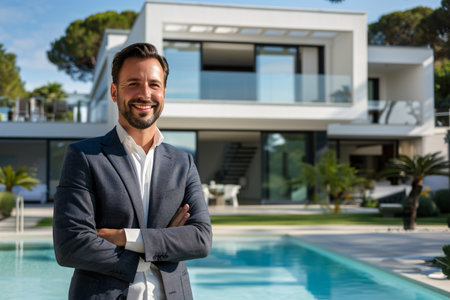 portrait of cheerful handsome man real estate agent and modern house with swimming pool on the backgroundの素材