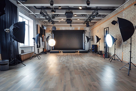 big modern photo studio with professional lightningの素材