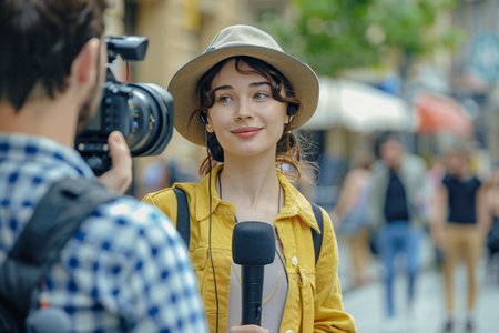 woman reporter with microphone and man filming with video cameraの素材
