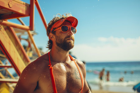 young male lifeguard working on the summer beachの素材