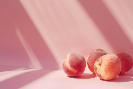 peaches on the pink background with copy spaceの素材