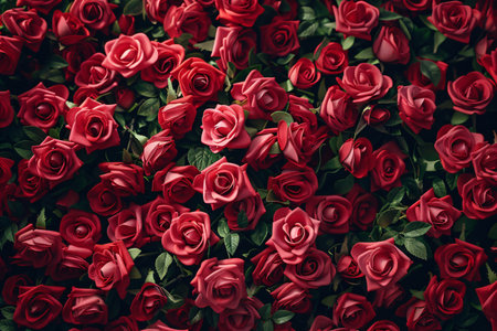 Background of red rose flowers and green leaves with copy spaceの素材