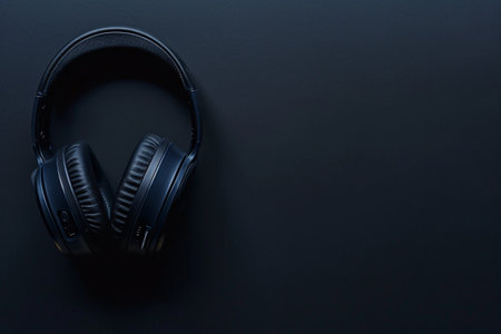 Black modern wireless headphones over dark background with copy spaceの素材