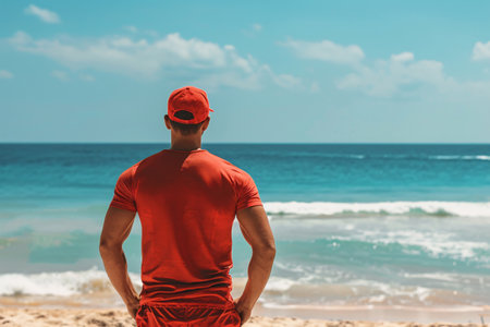 back view of muscular lifeguard in red t-shirt and capの素材