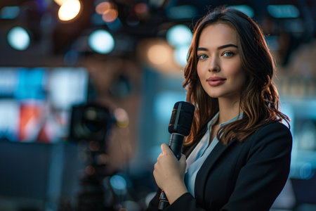 Brunette woman journalist holding black microphone with copy spaceの素材