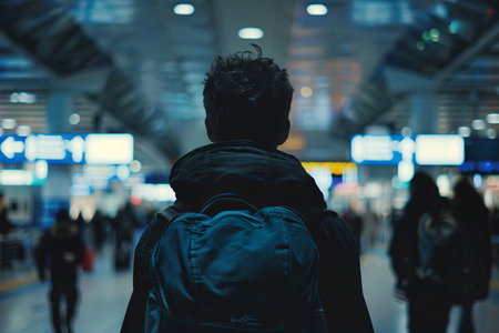travel concept, back view of man with backpack in the airport or railroad stationの素材