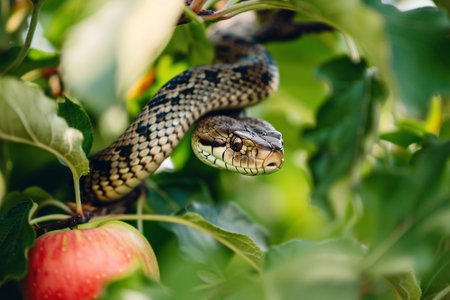 Red apple and snake on green tree in gardenの素材