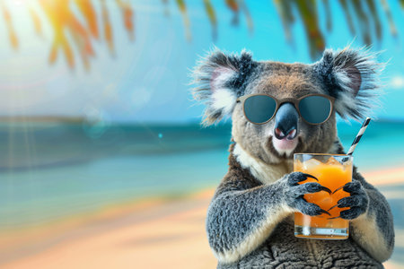 Portrait of koala in sunglasses holding glass of alcohol cocktailの素材