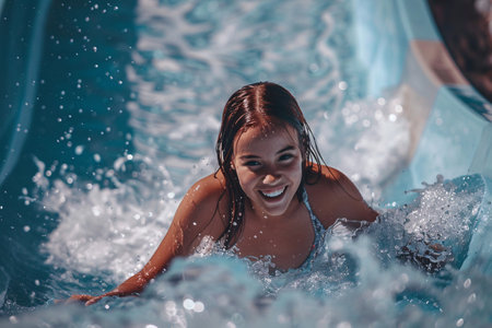 Beautiful happy woman rides down a slide in water parkの素材
