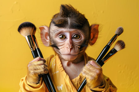 Monkey in dress holding make up brushes on yellow backgroundの素材