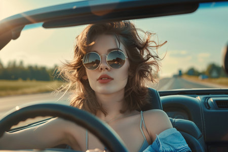 summer, vacation and travel concept, young beautiful woman driving cabriolet carの素材