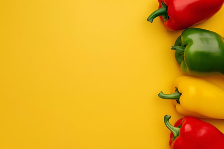 top view of paprikas on yellow background with copy spaceの素材