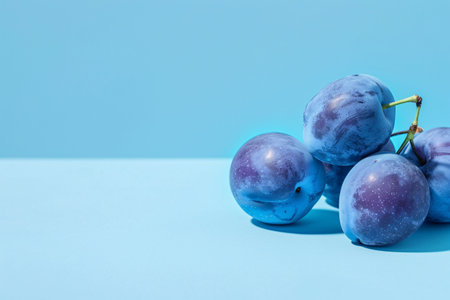 close up of blue ripe plum fruits over blue background with copy spaceの素材