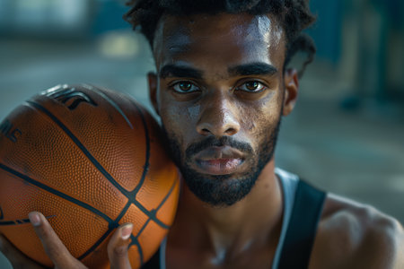 close up portrait of man holding basketball on the city streetの素材