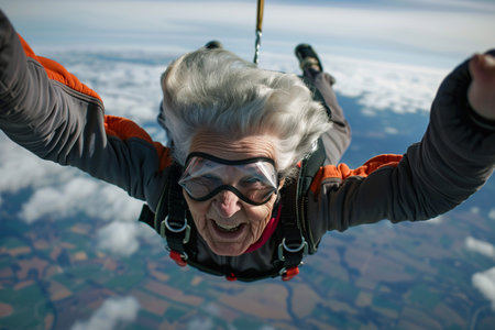 Portrait of happy senior woman jumping with skydiving in blue skyの素材