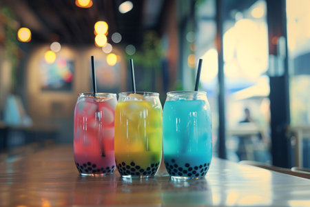 Glasses with colorful bubble tea on the table in barの素材