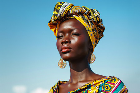 Beautiful african woman in traditional african clothes on blue skyの素材