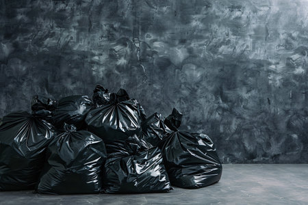 heap of black trash bags and copy space over grey wall backgroundの素材
