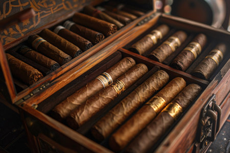 Cigars in wooden box on table with copy spaceの素材