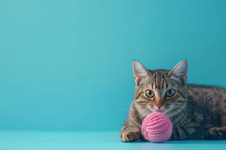 Cute cat with toy over bright studio background with copy spaceの素材