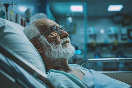 Senior man lying in modern hospital with copy space for textの素材