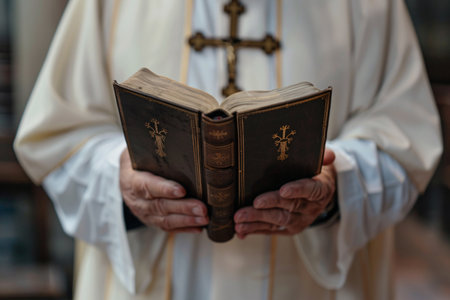 close up of catholic priest holding bible bookの素材