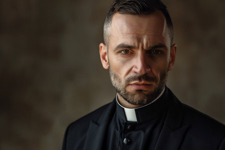 Handsome man catholic priest in black clothes on dark background with copy spaceの素材