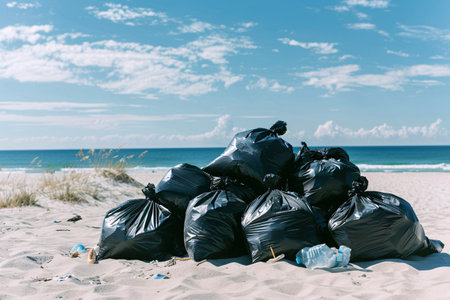 heap of black plastic trash bags on the summer beachの素材
