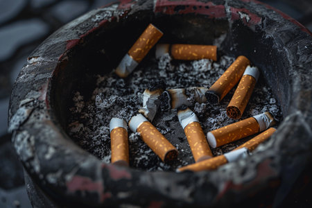 burned cigarette butts in black dirty ashtrayの素材