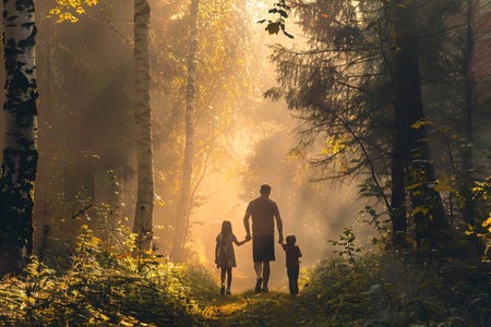 Father holding kids hands and walking in forest in fogの素材