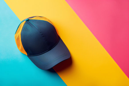 Colorful cap with straight visor with copy space over bright backgroundの素材
