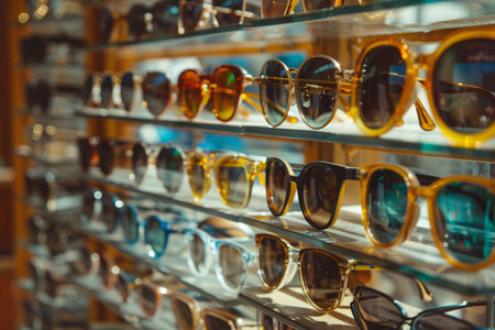 close up of sunglasses on shelves in the shopの素材
