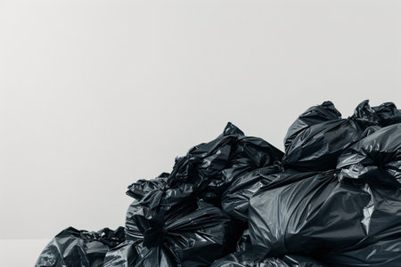 heap of black plastic trash bags and copy space over white backgroundの素材