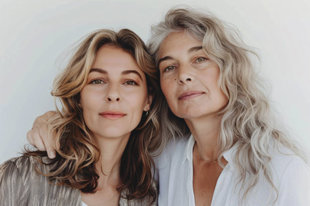 Portrait of beautiful mature mother and her daughter on grey backgroundの素材
