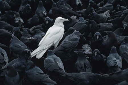 diversity  and difference concept, white crow in flock of black crowsの素材